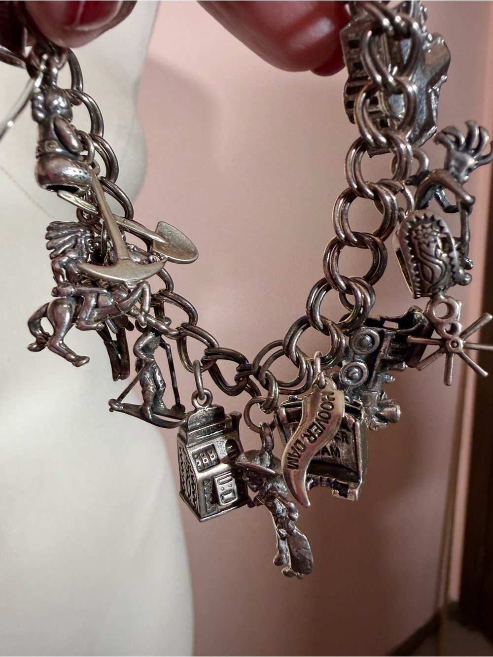 Vintage sterling silver western Cowboy Native American loaded charm bracelet 7in